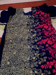 Navy Blue &amp; Pink Embroidered Kurta
