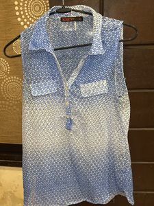 Blue &amp; White Sleeveless see through Top