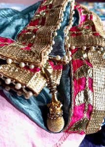 Embroidered Blue Bandani duppata with pink border