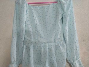 Light Blue Floral Ruffle Blouse