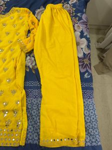 Yellow Mirror Work Kurta Pant Set