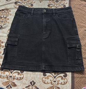Black Denim Cargo Mini Skirt