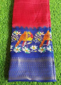 Red &amp; Blue Bird Print Saree