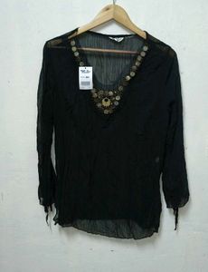 Trendy New L Black Embellished Sheer Blouse