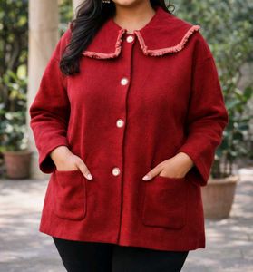 Red Cardigan Coat  with Fringed Collar