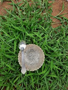 Showpiece Katori With Spoon Silver Colour Metal