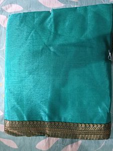 Teal Silk Saree with Gold Border