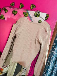 Beige Ribbed Wrap Knit Sweater