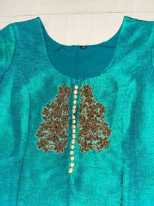 Teal &amp; Gold Embroidered Kurta Set