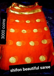 🔥Orange &amp; Gold  Dot Saree😱