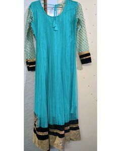 Sky Blue &amp; Gold Velvet Anarkali Dress  🌟