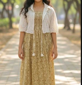 Floral Print Sundress with chikankari overcoat