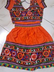 Orange Embroidered Choli &amp; Skirt