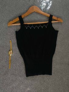 Black Ribbed Tank with Embellishments