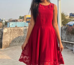 Red Sleeveless Dress with Lace Trim