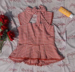 Coral Gingham Bow Front Top