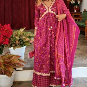 Floral Printed Kurta With Sharara and Dupatta