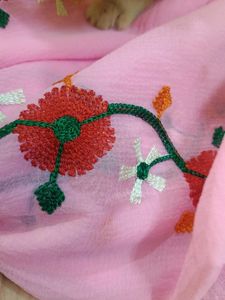 Texture Chiffon Pink ColorThread Embroidery Saree