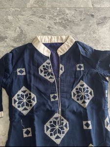 Elegant Navy Blue and White Embroidered Kurta Set