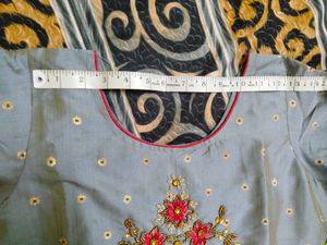 Grey Kurti with Red Banarasi Dupatta