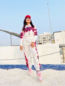 white nd pink winter co-ord set