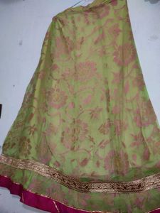Elegant Green &amp; Pink Floral Lehenga Skirt
