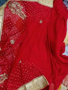 Red Saree With Contrast Cream Colour Heavy Blouse