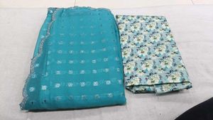 Teal Saree with Floral Blouse Piece