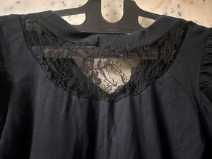 Black Frilled Sleeve With Lace Designed Fitted Top
