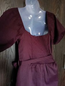 Burgundy Puff Sleeve Jumpsuit Dress