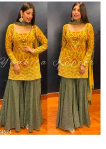 Gorgeous Green &amp; Yellow Embroidered Anarkali Suit