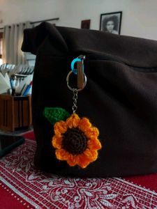 Sunflower Crochet Keychain With Leaf