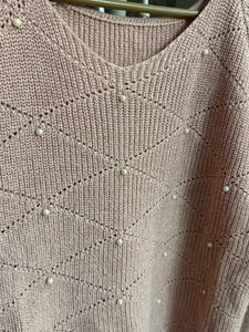 Pink Knit Sweater with Pearl Details