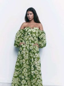 ZARA Floral Green Off Shoulder Maxi Dress pockets