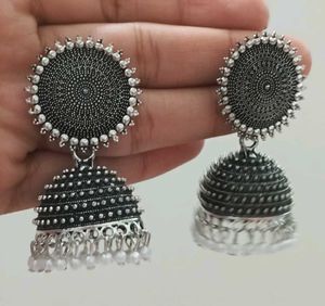 OXIDISED SILVER TONE JHUMKA EARRINGS
