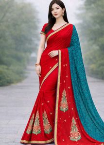 Embroidered Red &amp; Teal Saree