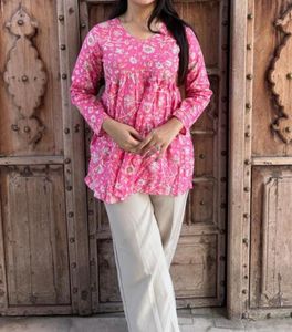 Pink Floral Print Babydoll Top