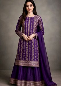 Purple Banarasi Silk Kurta And Lehnga Set 💜