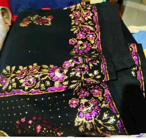 Black Saree with Floral Embroidery