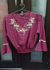 Embroidered Maroon Top With Bell Sleeves