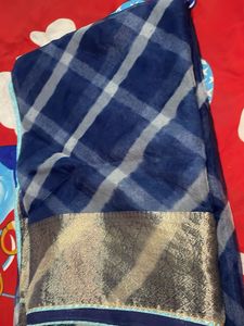 Blue &amp; White Checkered Saree