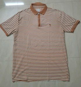 (Size~XL)Brown and white striped polo t-shirt🍋‍🟩