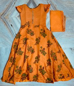 Orange Floral Anarkali Dress with Dupatta