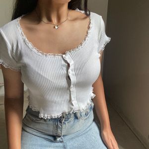 Ribbed Lace Trim Button-Up Top