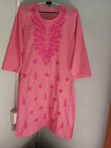 New Pink Chikankari Kurti Women(FREE FLOWER CLIP)