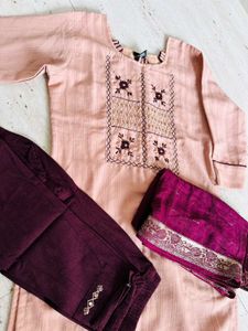 Peach Embroidered Kurti Set