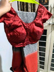 Red &amp; Grey Patterned Saree With Stitched Blouse