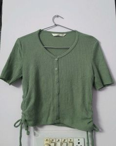 Green Ribbed Button Top
