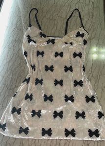 White Velvet Mini Dress With Cute Black Bows