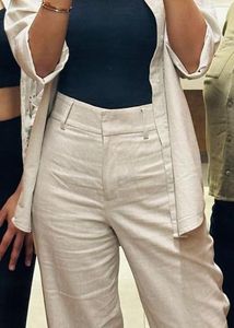 Beige Cropped Linen Pants